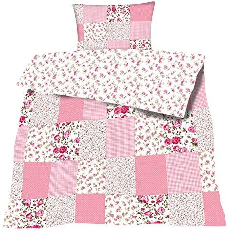 Unbekannt Bettwäsche Baumwolle Patchwork Print 2 teilig Garnitur 135x200 80x80 cm mit Reißverschluß #1359 (rosa)