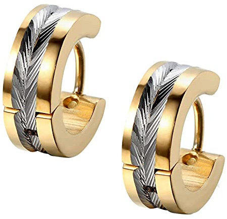 Flongo Boucle d'Oreille Acier Inoxydable Rond Charnière Plume Clou d`oreille Couleur Doré Bling Classique Poli Fantaisie Bijoux Cadeau pour Homme
