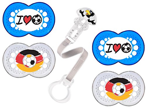 MAM Set - Original Silikon Fussball Schnuller Doppelpackung 6-16 & 16+ Monate & DFB Clip Fussball WM 2018
