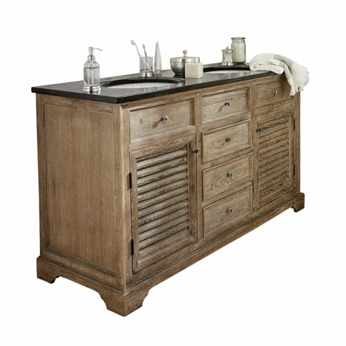 Loberon Doppelwaschtisch Malmaison, natürliche Patina, Elegante Natursteinplatte, viel Stauraum, Aufbewahrung, Badmöbel, Eichenholz, Blaustein, Keramik, braun/schwarz