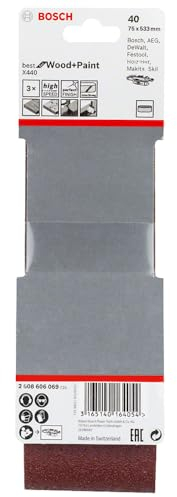 Bosch 3x PRO Paint on Wood and Hardwood X440 Schleifband für Schleifer (für Farbe auf Holz, Hartholz, 75 x 533 mm, Körnung 40, Professional Zubehör Bandschleifer)