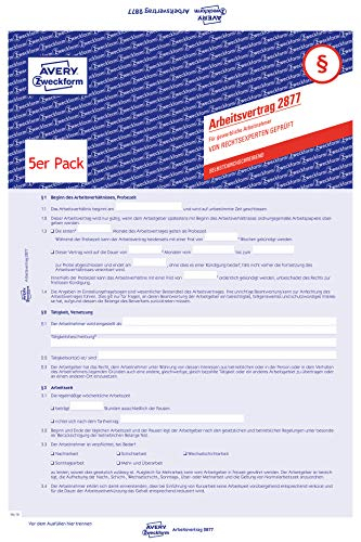 AVERY Zweckform 2877-5 Arbeitsvertrag für gewerbliche Arbeitnehmer (Vertrag, 3-seitiges Formular in A4, selbstdurchschreibend) 5 Stück, blau