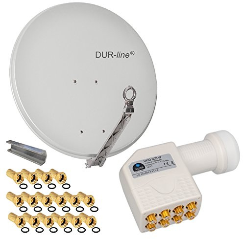 hb-digital 8 Teilnehmer Set - Dur-Line Select ALU SAT Anlage 75/80cm Spiegel Hellgrau + Octo LNB Weiß Full HD 3DUltra HD(UHD) Signale auf bis zu 8Receiver + 16Stecker Gratis dazu im Set