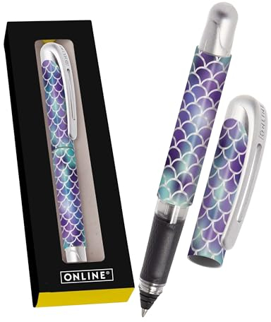 ONLINE College „Shiny Dreams“ Tintenroller mit Patrone I Ergonomischer Rollerball für Rechts- & Linkshänder im Mermaid-Design I Tintenroller Kinder 0.5 mm I inkl. blauer Kombipatrone I Made in Germany