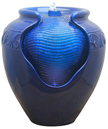 Teamson Home 16.96 in. Outdoor Glazed Pot Water Fountain with LED Lights, Built-in Pump to Create a Calming Oasis in Gardens, Landscaping, Patios, Balconies, Lawns, Royal Blue