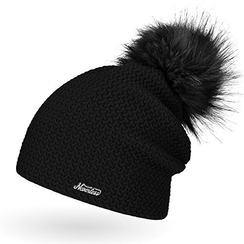 Neverless Damen Strickmütze mit Fell-Bommel, Kunstfell Winter-Mütze, Bommelmütze, schwarz Unisize
