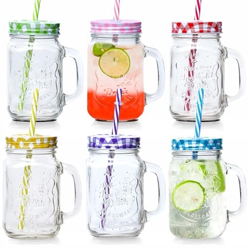 6 X Jam Jar Glasses Mason Handle Lid Straw Juice Drink Glass Drinking 500ml Set