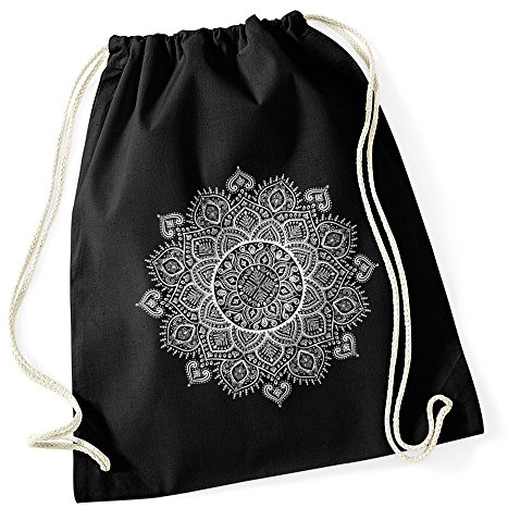 Autiga Turnbeutel Mandala Ethno Boho Bohemian Hipster Beutel Tasche Gymsac Drawstring Baumwolle schwarz unisize