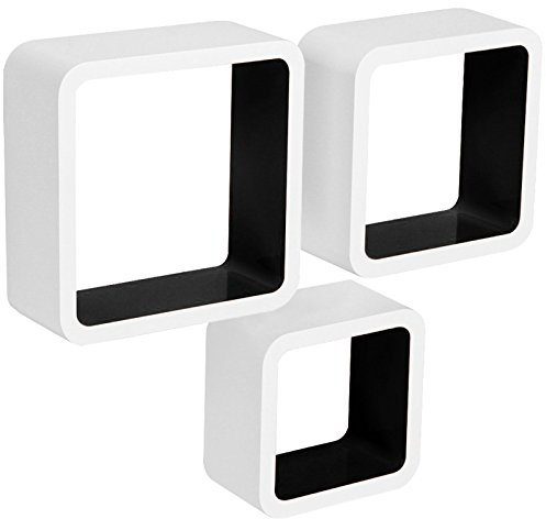WOLTU Wandregal Cube CD Regal 3er Set Hängeregal Würfel Dekoregal Schweberegal, weiß-schwarz RG9236sz