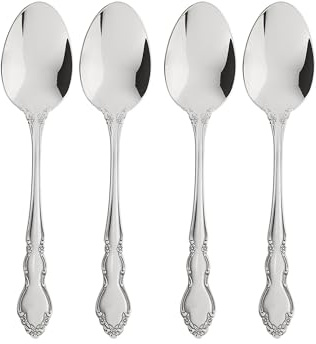 Oneida Silverware Set, Dover Fine Teaspoons Flatware Set, Service For 4, 18/10 Stainless Steel, Mirror Finish, Dishwasher Safe, Home And Kitchen Utensils Sets, Spoons, Tea spoon (Silver, 4 Piece)