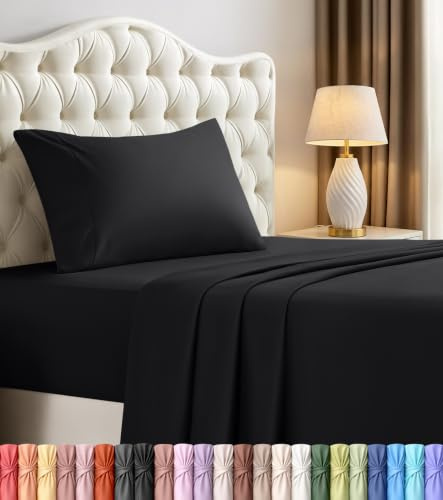 Utopia sängkläder set med sängkläder – 4 delar sängkläder – borstad mikrofiber – krympnings- och blekningsbeständig – enkel skötsel (tvilling, svart)