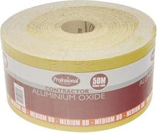ProDec 50m Roll 80 Grit Medium Grade Yellow Aluminium Oxide Abrasive Sanding Paper for Sanding Wood, Paint, Plaster, Filler, Metal and More, 115mm Wide Sandpaper Compatible with Machine Sanders