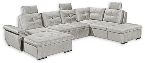 Stella Trading ALIJA Wohnlandschaft in U-Form in Silber - Ausziehbares Sofa mit Schlaffunktion, Bettkasten & Verstellbarer Armlehne - 334 x 84 (107) x 217 cm (B/H/T)
