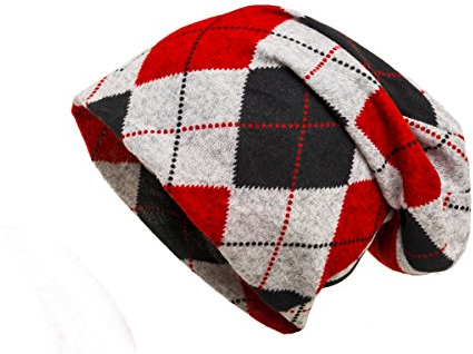 Shenky Beanie | Vintage Look | Muster | für Damen & Männer | lang geschnitten | Komfort | Unisex | Longbeanie | Long Slouch Beanie | dünne Mütze | Laufmütze Grunge | one-Size | Karo Rot