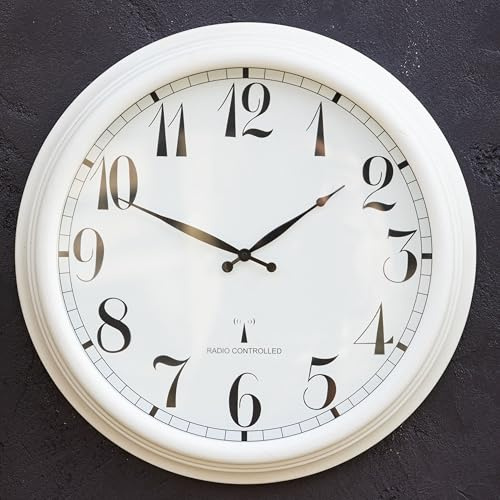 Primrose Radio Controlled Garden Outdoor Wall Clock Antique Style Effect with White Metal Casing Automatically Check and Correct Time via Radio Control Waterproof 57.5 cm (23) - by About Time™
