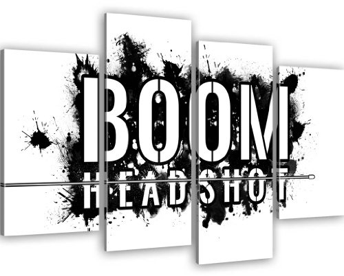 KL KUNSTLAB Boom Headshot Gamer Wandbilder auf Leinwand Besser als Poster - 100x60 cm 4-Teilig: Weiss-schwarz s
