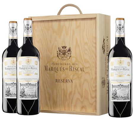 Marques De Riscal Vino tinto Reserva Denominación de Origen Calificada Rioja, Variedad Tempranillo, 24 meses en barrica - Estuche de madera 3 botellas x 750 ml - Total: 2250 ml
