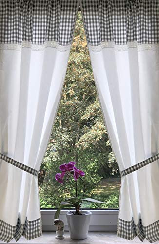 Leinenshop24 Landhaus Gardinen Set 2 St + 2 Bindebänder grau kariert mit Spitze 140x75cm/Gesamt 150cm breit 100% Baumwolle
