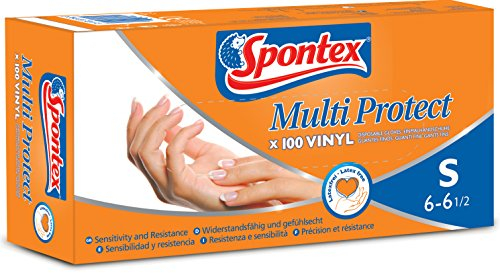 Spontex Multi Protect Einmalhandschuhe aus Vinyl, latexfrei, widerstandsfähig und vielseitig einsetzbar, in praktischer Spenderbox, Größe S, 100er Pack
