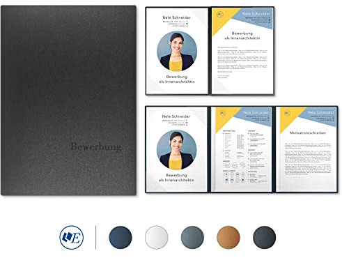 5 Stück 4-teilige Bewerbungsmappen Esclusiva® Exzellent-plus in Anthrazit mit 2 Klemmschienen // in 1A-Premium-Qualität mit hochwertiger Flach-Prägung „BEWERBUNG“ // Produkt-Design von Mario Lemani