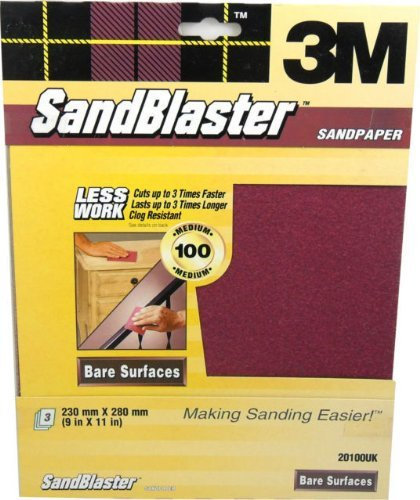 3M Sand Blaster TM Sandpaper Medium 100 for Bare Surfaces 3 Sheet Pack.