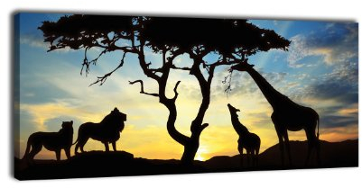 wandmotiv24 Leinwandbild Panorama Nr. 427 Afrika Schatten 100x40cm, Keilrahmenbild, Bild auf Leinwand, Afrika, Giraffe, Elefant