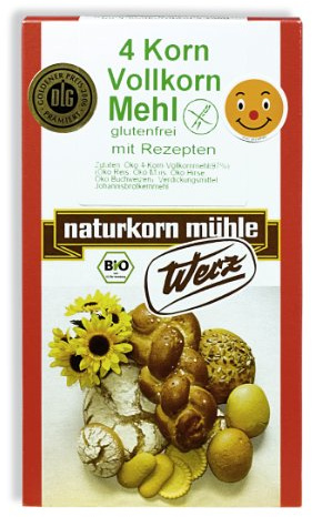 Werz 4-Korn-Vollkorn-Mehl glutenfrei, 2er Pack (2 x 500 g Karton) - Bio