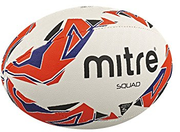 Mitre Rugby Ball | Extra Strong Lining | Full Weight | Hugely Popular, White/Red/Blue, 5