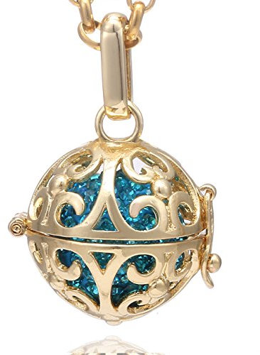 Morella Damen Halskette Edelstahl Gold 70 cm mit Ornament Anhänger Gold und Klangkugel Zirkonia Petrol Ø 16 mm in Schmuckbeutel