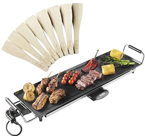 VonShef Teppanyaki Grill XL – Electric Grill with Non-Stick Plate, 2000W, Easy Clean, Adjustable Temperature Control, Oil Drip Tray & 8 Spatulas - for Meat, Vegetables & Fish – 70x23x10cm