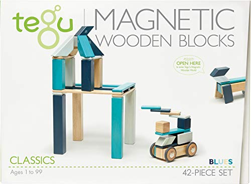 TEGU 5700510 Holzbausteine magnetisch, Blautöne, 42 Teile, Holzspielzeug für Kinder ab 12 Monate