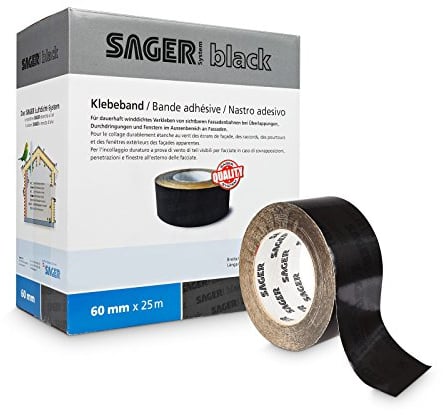 Sager Black Klebeband (Schwarz - 60mm x 25lfm) zur Verklebung von Unterspannbahn, Unterdeckbahnen, Schalungsbahnen, Dampfsperrfolien, Dampfbremsfolien, Dampfbremse, Dampfsperre, Klimamembranen, OSB Platten