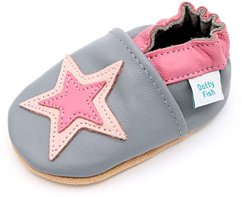 Dotty Fish Krabbelschuhe aus Leder – rutschfeste, weiche Sohle, Barfußgefühl, Lauflernschuhe & Babyschuhe für Mädchen. Graue und rosa Sterne. 3-4 Jahre (27 EU)