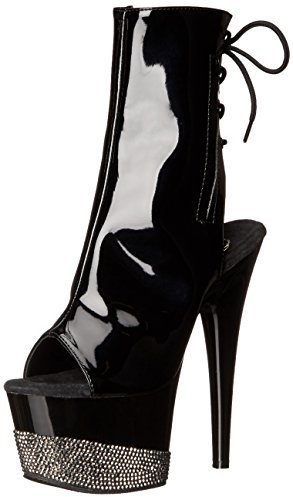 Pleaser Adore e plateau, punta aperta, tacco alto e Stivali alla caviglia, con strass, colore: nero, Blk/Blk-Pewter RS, 35