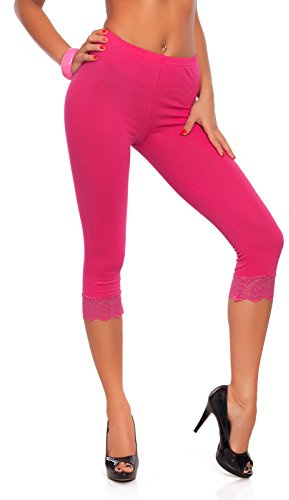 FUTURO FASHION Cropped 3/4 Lenght Cotton Leggings with Lace I Leg Side Floral Lace Capri Leggings I Sexy Summer Cropped Leggings I Sizes 8-22 UK Pink