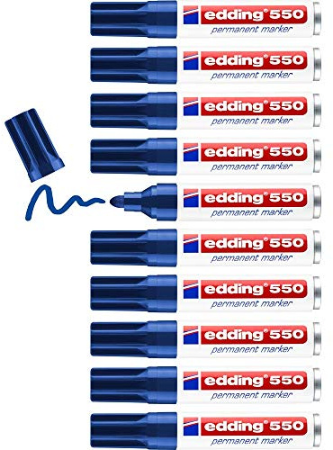 edding 550 Permanentmarker - blau - 10 Stifte - Rundspitze 3-4 mm - wasserfest, schnell-trocknend - wischfest - für Karton, Kunststoff, Holz, Metall, Glas