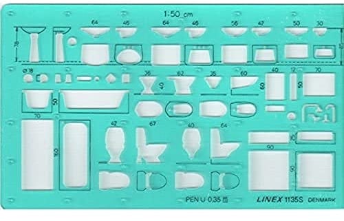 Linex 1135S Sanitärschablone, Maßstab 1:50, Tuschenoppen, 165x95 mm, Sanitärtechnik, Zeichenschablone