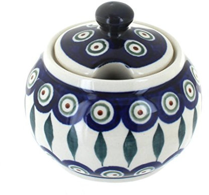 Blue Rose Polish Pottery Peacock Sugar Bowl