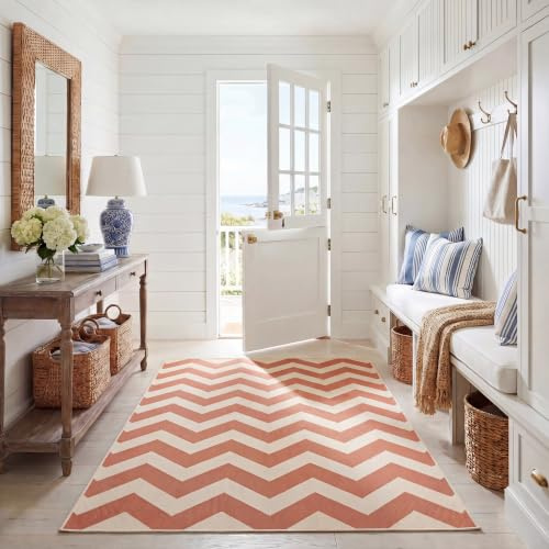 SAFAVIEH Washable Rug Outdoor Courtyard Collection - 4' x 5'7, Terracotta & Beige, Non-Shedding & Easy Cleaning, Ideal for Patio, Backyard, Mudroom (CY6244-241)