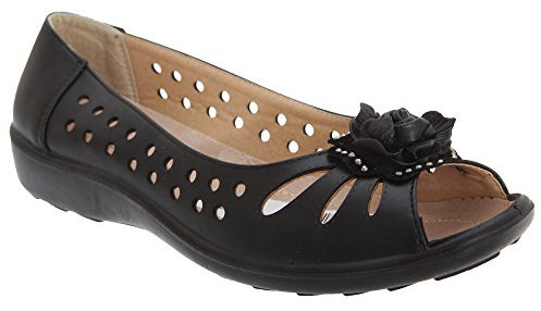 Ladies Black Punched Open Toe Flower Casual Shoe - Black - size UK Ladies Size 6