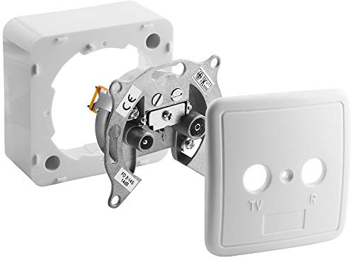 Universal Antennen-Dose Enddose für TV und Radio mit Rahmen und Abdeckung 75Ohm, 1 Koax Stecker männlich und 1 Koax Buchse Kupplung weiblich, geeignet für 3D SD HD FullHD UHD 4K, Weiss