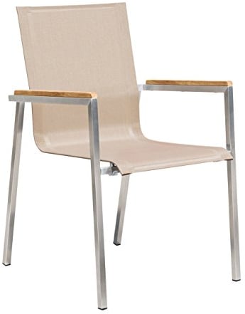 OUTLIV. Stapelsessel Rimini Edelstahlgestell, Textilene Sitzfläche, Teakholz Armlehnen, wetterfest, vollständig montiert, stapelbar, Taupe, 56x65x87 cm