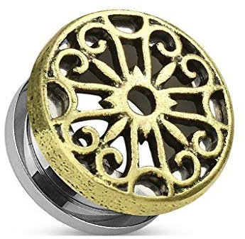 Tapsi´s Coolbodyart® Flesh Tunnel Schraubverschluss Edelstahl Chirurgenstahl 316L Tribal Herz Gold 12mm
