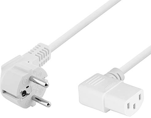 1,5 Meter Strom-Kabel Netz-Kabel für Kaltgeräte, Schutzkontakt Stecker männlich 90° abgewinkelt auf C13 Buchse Kupplung weiblich 90° abgewinkelt, Weiss