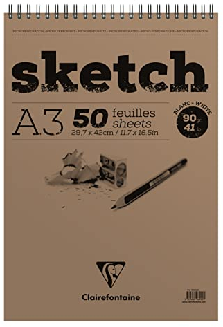 Clairefontaine 96902C Skizzenblock mit Doppelspirale Sketch-Papier, Din A3, 29.7 x 42 cm, 50 Blatt, 90 g, weiß