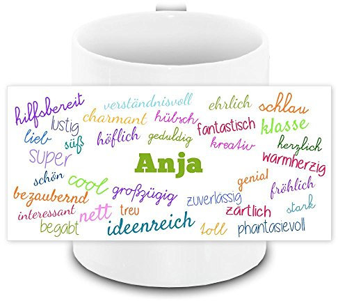 Tasse mit Namen Anja und positiven Eigenschaften in Schreibschrift, weiss | Freundschafts-Tasse - Namens-Tasse