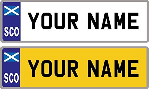 2 x Personalised Self-Adhesive Scotland Flag 14 x 4 cm Number Plate Stickers For Childrens Kids Ride on Car, Bike, Bedroom Doors, Wheelchair, Mobility Scooter by Ellis Graphix