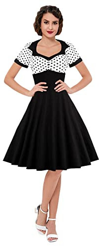 KILLREAL Damen Polka Dot Retro Vintage Style Cocktail Party Swing Kleid, Schwarz-gepunktet, weiß, Groß