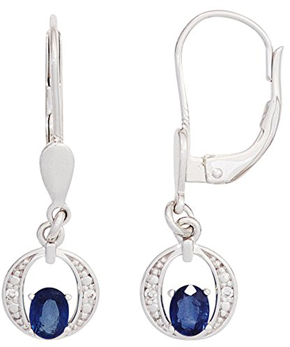 Jobo Damen-Ohrhänger aus 14 Karat 585 Weißgold mit Safir Oval und 4 Diamanten