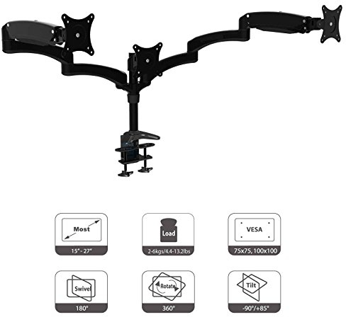 HFTEK® DS137SB Monitorarm - Triple - Halterung Halter Tischhalterung für 3 Bildschirme von 15 – 27 Zoll mit VESA 75/100